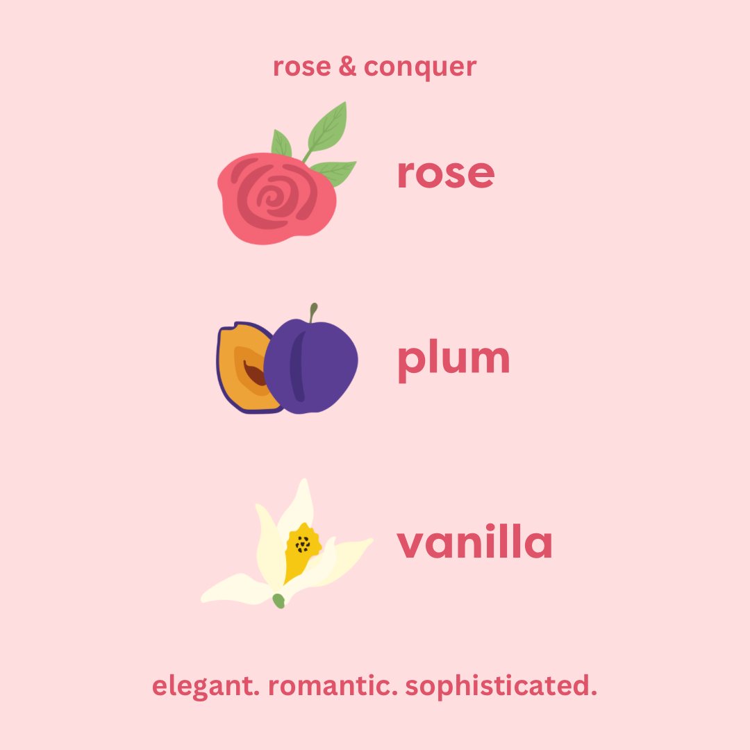 rose & conquer. rose. plum. vanilla. elegant. romantic. sophisticated.