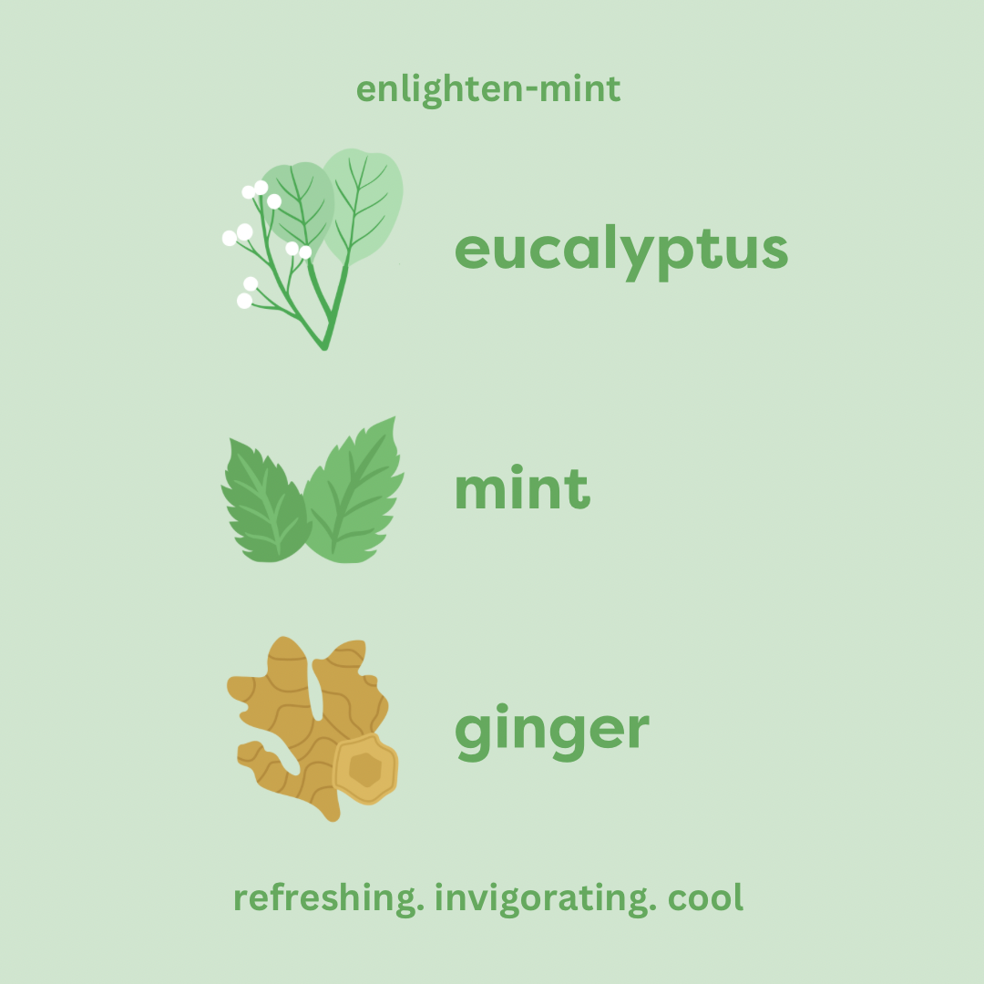 enlighten-mint. eucalyptus. mint. ginger. refreshing. invigorating. cool.